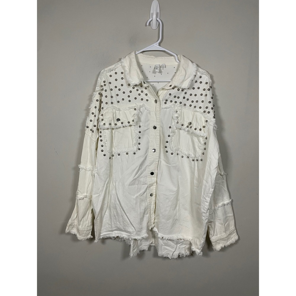 Elan White Distressed Studded Shirt Jacket Size Large Western Oversize Boho Fall